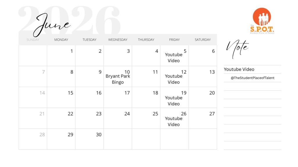 June community calendar featuring upcoming events and weekly activities. The calendar includes “Bryant Park Bingo” on June 10 and reminders for YouTube video posts every Friday. The design highlights community engagement, social connection, and monthly programming with organization branding and event details.